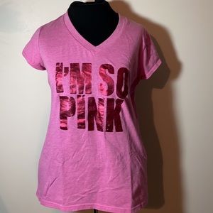 Xersion I’M SO PINK v-neck foil Print athletic shirt top pink cancer awareness